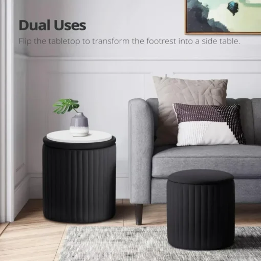 Round Ottoman,Set of 2 Vanity Stool Chair,Boucle Upholstered Tall Ottomans Chair with Storage,Multifunctional Coffee Table with - Image 4