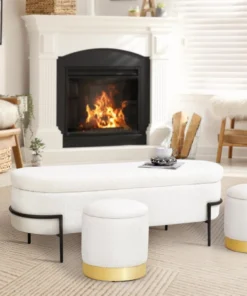 Storage Ottoman Bench with Metal Stand, Upholstered Sherpa Stool with Large Storage Space, Modern Storage Bench