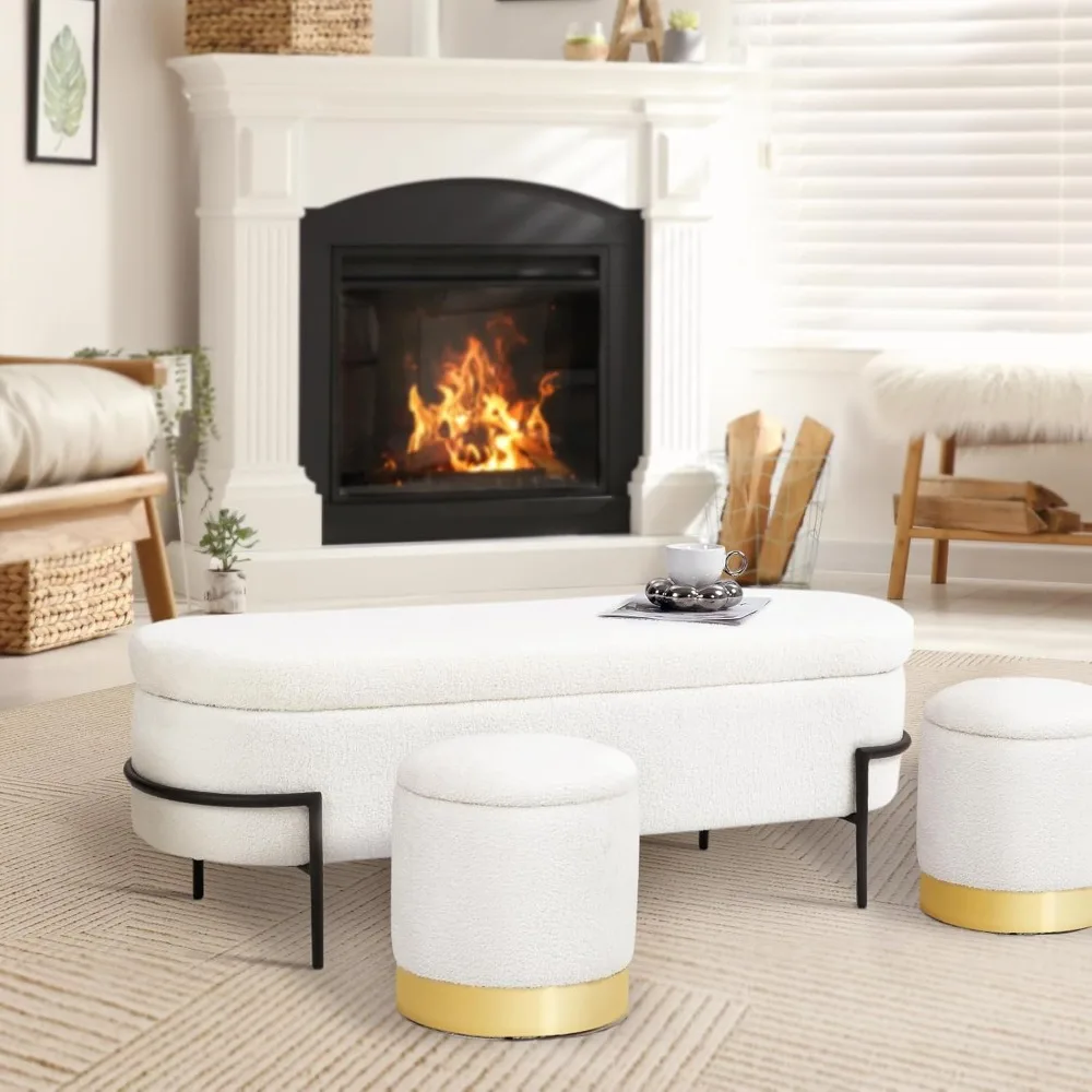 Storage Ottoman Bench with Metal Stand, Upholstered Sherpa Stool with Large Storage Space, Modern Storage Bench