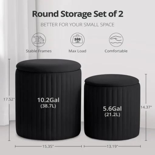 Round Ottoman,Set of 2 Vanity Stool Chair,Boucle Upholstered Tall Ottomans Chair with Storage,Multifunctional Coffee Table with - Image 2