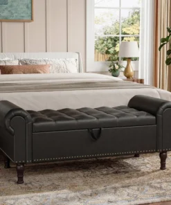Storage Ottoman Bench for Bedroom, 51" Upholstered Bedroom Bench with Rolled Arms and Vintage Rivets, Large Storage Chest for Li