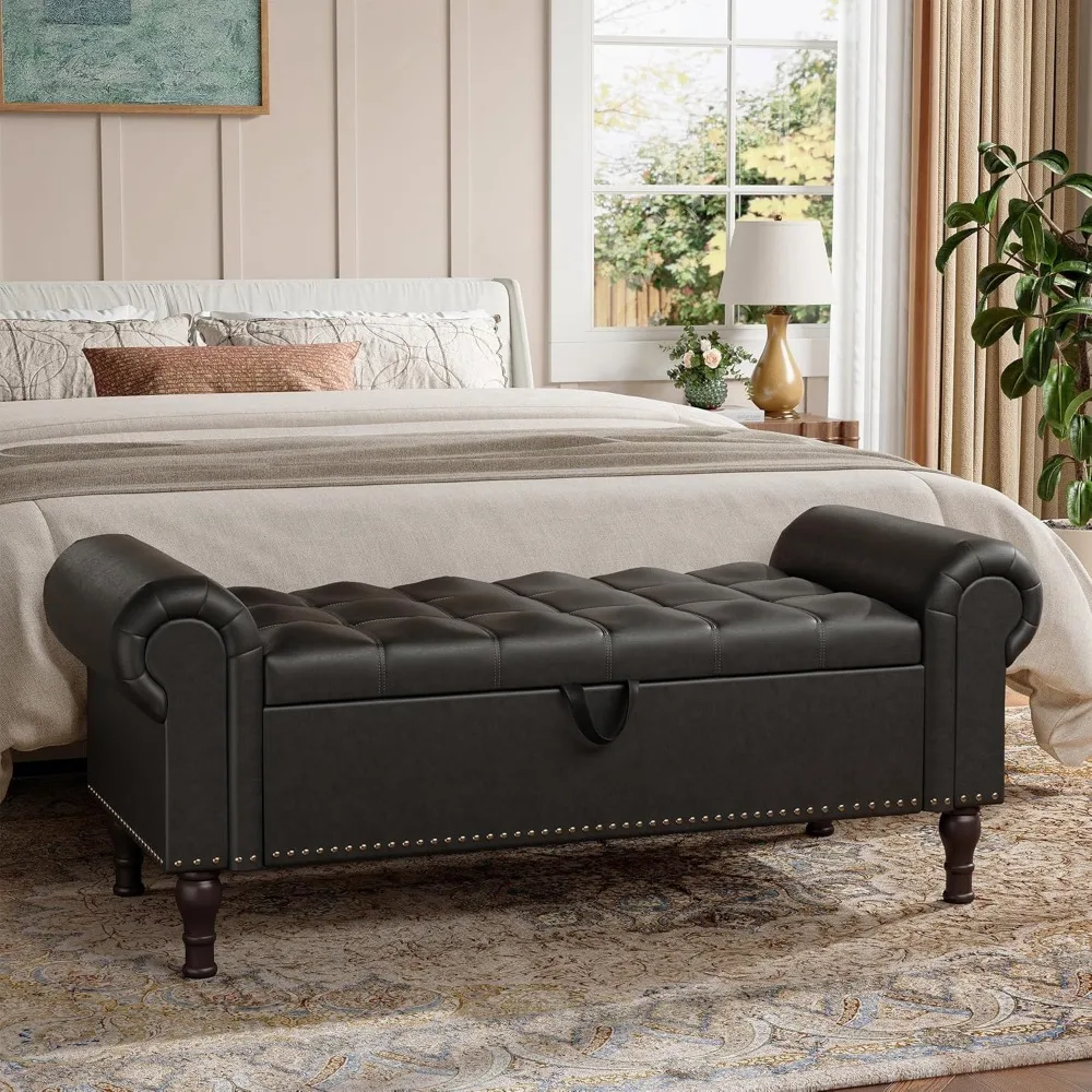 Storage Ottoman Bench for Bedroom, 51" Upholstered Bedroom Bench with Rolled Arms and Vintage Rivets, Large Storage Chest for Li