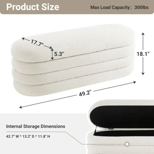 Storage Ottoman Bench 49.2 Inch Upholstered Fabric Storage Bench for Bedroom End of Bed Aesthetic Large Oval Storage Ottoman - Image 2
