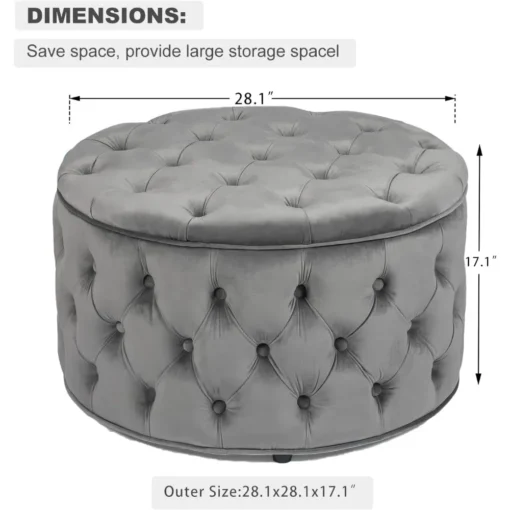 28 Inch Round Velvet Storage Ottoman Foot Stool Tufted Footrest Stool Coffee Table for Living Room (Grey) Freight Free - Image 3