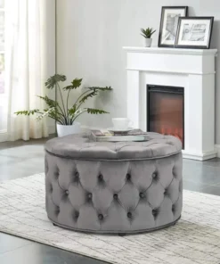 28 Inch Round Velvet Storage Ottoman Foot Stool Tufted Footrest Stool Coffee Table for Living Room (Grey) Freight Free
