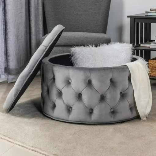 28 Inch Round Velvet Storage Ottoman Foot Stool Tufted Footrest Stool Coffee Table for Living Room (Grey) Freight Free - Image 5