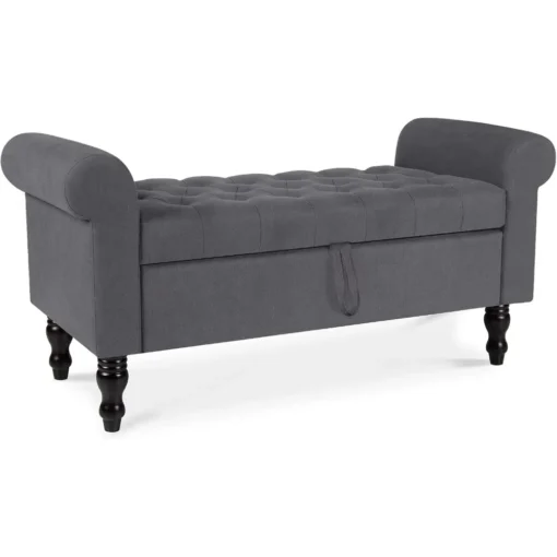 Polar Aurora Storage Bench with Upholstered Rolled Arm Ottoman Bench Couch w/Solid Wood Legs for Bedroom End of Bed, Entryway an