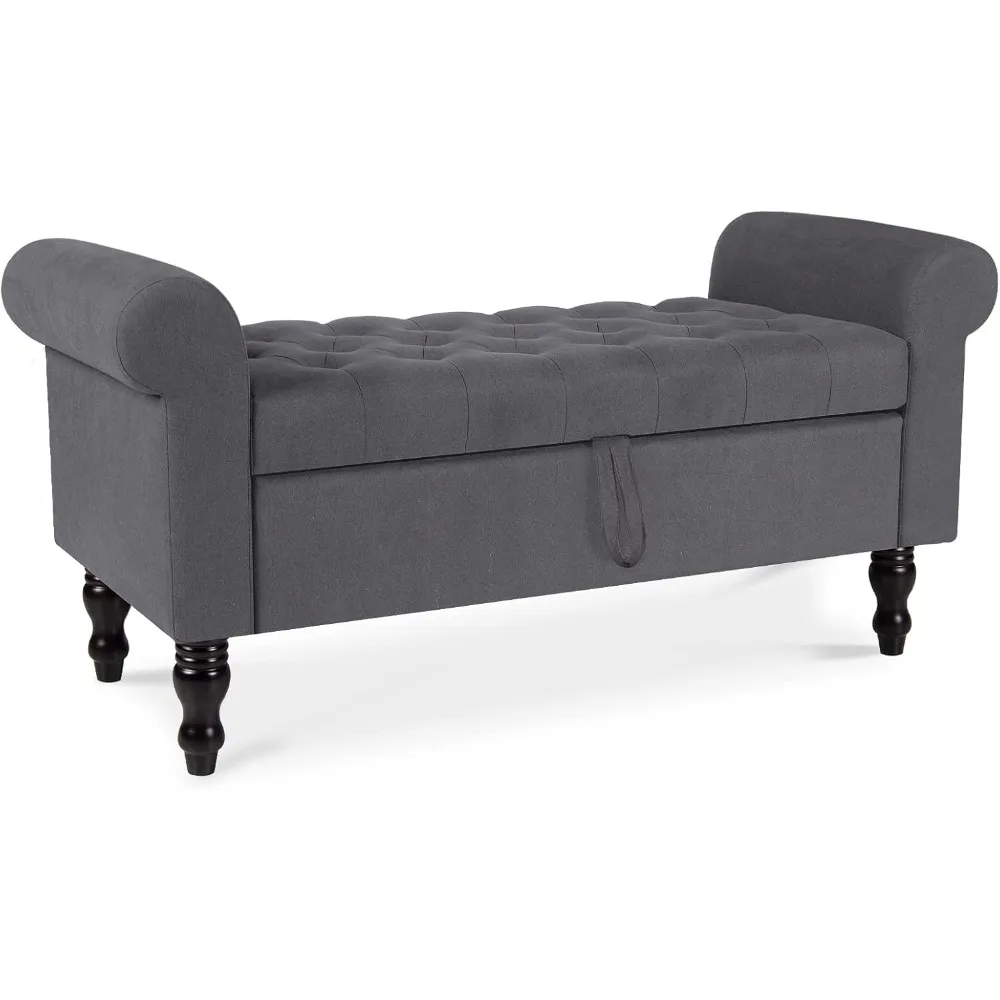 Polar Aurora Storage Bench with Upholstered Rolled Arm Ottoman Bench Couch w/Solid Wood Legs for Bedroom End of Bed, Entryway an