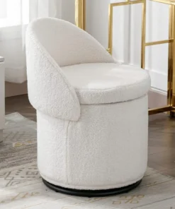 Sherpa Makeup Ottoman with Storage, Upholstered 360° Swivel Vanity Stool with Foldable Backrest Modern Cylindrical Foot