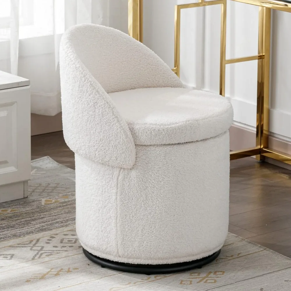 Sherpa Makeup Ottoman with Storage, Upholstered 360° Swivel Vanity Stool with Foldable Backrest Modern Cylindrical Foot