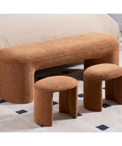 Ottoman Bench 53 Inch Long Bedroom Bench with 2 Small Stools Chenille Padded Entryway Bench Set of 3 Comfy Upholstered