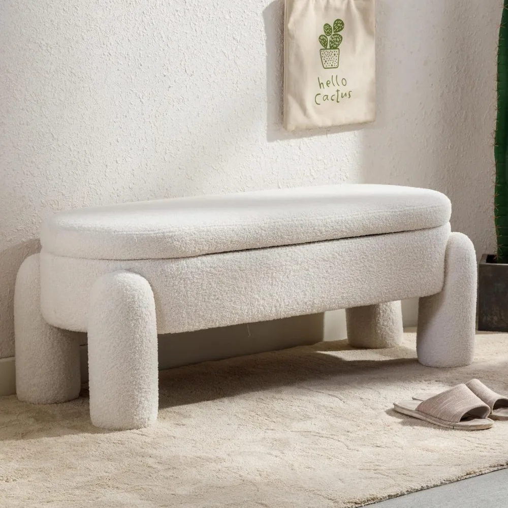 Modern Storage Bench, 44.7 Inch Upholstered Ottoman Bench Sherpa Fabric End of Bed Stool, Cute Entryway Bench for Living Room