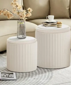 Round Ottoman,Set of 2 Vanity Stool Chair,Boucle Upholstered Tall Ottomans Chair with Storage,Multifunctional Coffee Table with