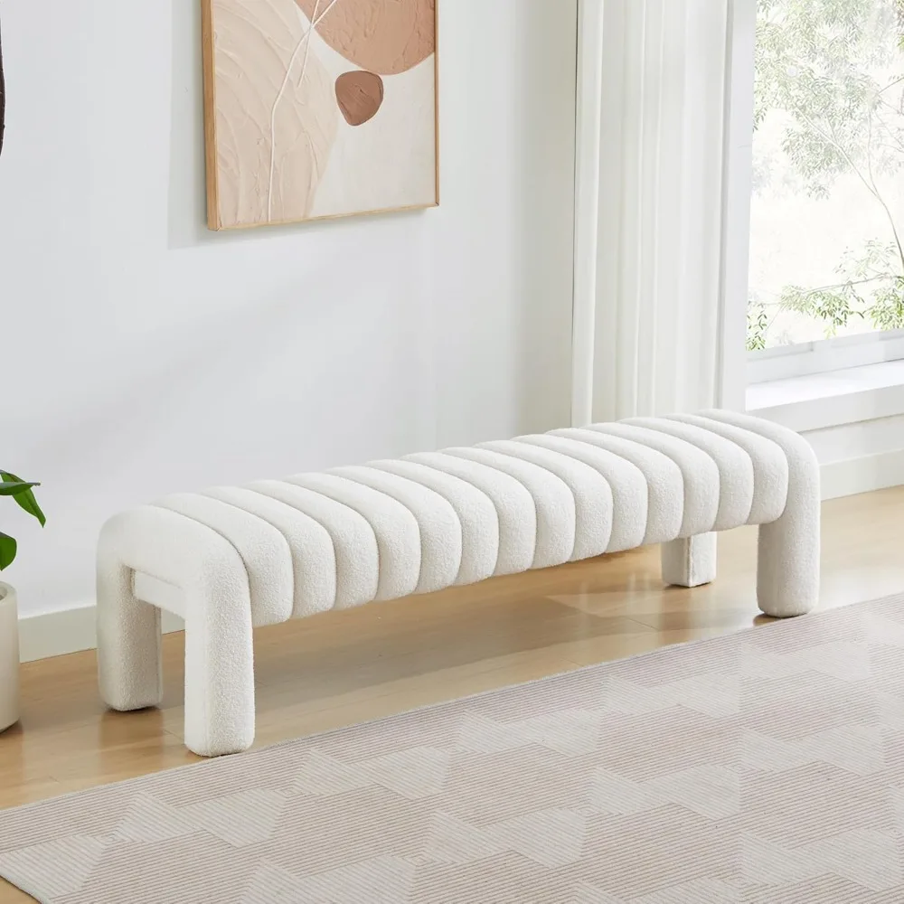 43-63’’ End of Bed Bench, Modern Sherpa Entryway Bench, Upholstered Ottoman Stool with Extra Length, Full Coverage Fabrics