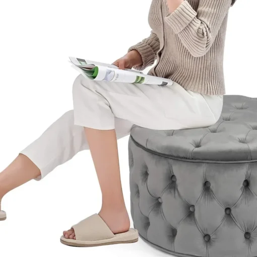 28 Inch Round Velvet Storage Ottoman Foot Stool Tufted Footrest Stool Coffee Table for Living Room (Grey) Freight Free - Image 6